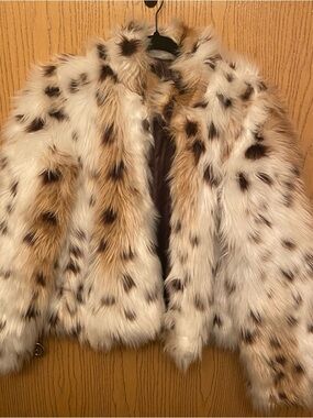 Faux Fur Spotted Jacket in Cream and Brown